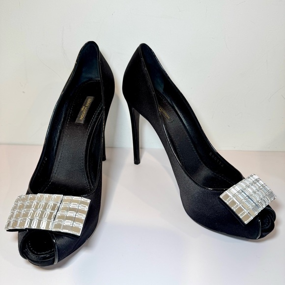 Louis Vuitton Music Hall Black Satin W Mirror LV Logo Peep Toe Pumps, Size 38.5 - Picture 2 of 15